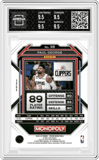 Paul George from the 2022-23 Panini Prizm Monopoly set featuring a GO Space parallel graded by Arena Club and given an overall grade of 9.5.