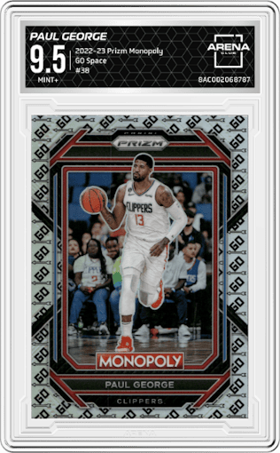 Paul George from the 2022-23 Panini Prizm Monopoly set featuring a GO Space parallel graded by Arena Club and given an overall grade of 9.5.
