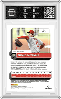 Shohei Ohtani from the 2022 Panini Donruss set featuring a Orange Holo parallel graded by Arena Club and given an overall grade of 9.5.
