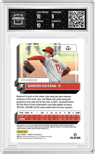 Shohei Ohtani from the 2022 Panini Donruss set featuring a Orange Holo parallel graded by Arena Club and given an overall grade of 9.5.