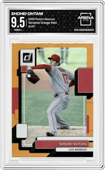 Shohei Ohtani from the 2022 Panini Donruss set featuring a Orange Holo parallel graded by Arena Club and given an overall grade of 9.5.