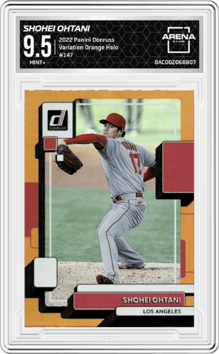 Shohei Ohtani from the 2022 Panini Donruss set featuring a Orange Holo parallel graded by Arena Club and given an overall grade of 9.5.