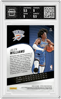 Jalen Williams from the 2022-23 Panini Revolution  set graded by Arena Club and given an overall grade of 9.5.