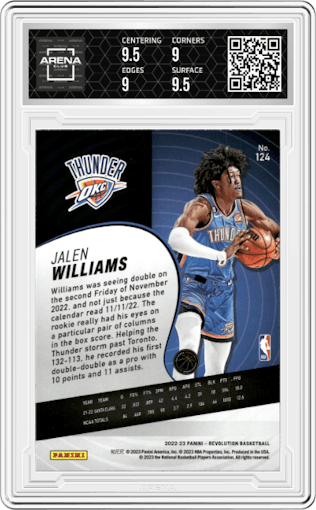 Jalen Williams from the 2022-23 Panini Revolution  set graded by Arena Club and given an overall grade of 9.5.