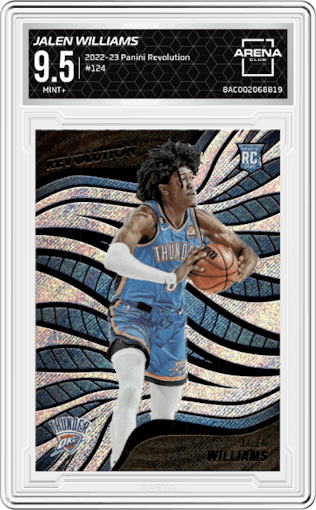 Jalen Williams from the 2022-23 Panini Revolution  set graded by Arena Club and given an overall grade of 9.5.