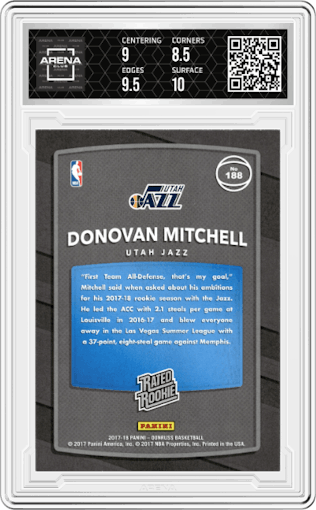 Donovan Mitchell from the 2017-18 Panini Donruss set graded by Arena Club and given an overall grade of 9.