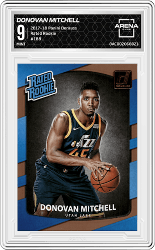 Donovan Mitchell from the 2017-18 Panini Donruss set graded by Arena Club and given an overall grade of 9.