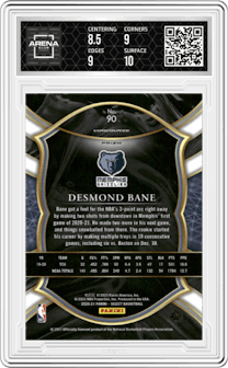 Desmond Bane from the 2020-21 Panini Select  set featuring a Red/White/Orange Shimmer parallel graded by Arena Club and given an overall grade of 9.