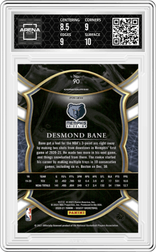 Desmond Bane from the 2020-21 Panini Select  set featuring a Red/White/Orange Shimmer parallel graded by Arena Club and given an overall grade of 9.