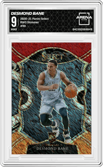 Desmond Bane from the 2020-21 Panini Select  set featuring a Red/White/Orange Shimmer parallel graded by Arena Club and given an overall grade of 9.