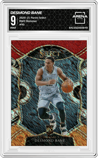 Desmond Bane from the 2020-21 Panini Select  set featuring a Red/White/Orange Shimmer parallel graded by Arena Club and given an overall grade of 9.