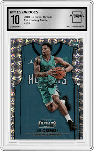 Miles Bridges from the 2018-19 Panini Threads  set featuring a Dazzle parallel graded by Arena Club and given an overall grade of 10.