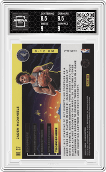 Jaden McDaniels from the 2020-21 Panini Flux set graded by Arena Club and given an overall grade of 9.