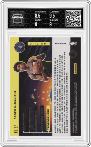 Jaden McDaniels from the 2020-21 Panini Flux set graded by Arena Club and given an overall grade of 9.