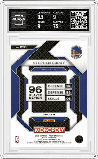Stephen Curry from the 2023-24 Panini Prizm Monopoly set featuring a Purple parallel graded by Arena Club and given an overall grade of 8.