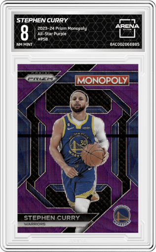 Stephen Curry from the 2023-24 Panini Prizm Monopoly set featuring a Purple parallel graded by Arena Club and given an overall grade of 8.