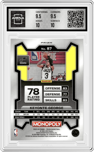 Keyonte George from the 2023-24 Panini Prizm Monopoly set featuring a Purple  parallel graded by Arena Club and given an overall grade of 10.