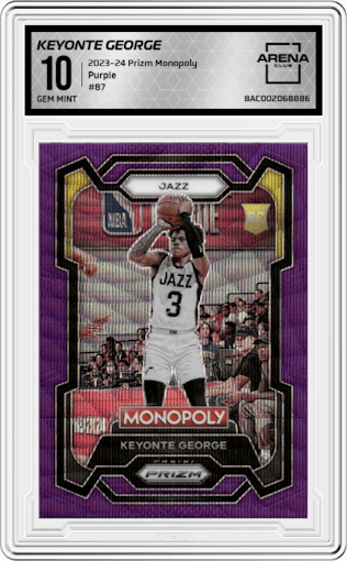 Keyonte George from the 2023-24 Panini Prizm Monopoly set featuring a Purple  parallel graded by Arena Club and given an overall grade of 10.