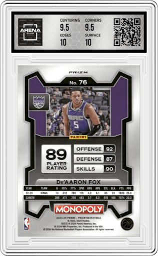 De’Aaron Fox from the 2023-24 Panini Prizm Monopoly set featuring a Purple  parallel graded by Arena Club and given an overall grade of 10.