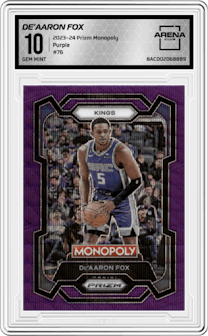 De’Aaron Fox from the 2023-24 Panini Prizm Monopoly set featuring a Purple  parallel graded by Arena Club and given an overall grade of 10.