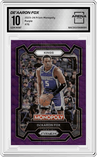 De’Aaron Fox from the 2023-24 Panini Prizm Monopoly set featuring a Purple  parallel graded by Arena Club and given an overall grade of 10.