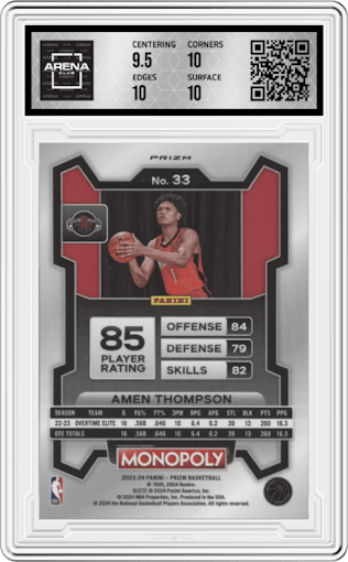 Amen Thompson  from the 2023-24 Panini Prizm Monopoly set featuring a Silver Prizm parallel graded by Arena Club and given an overall grade of 10.