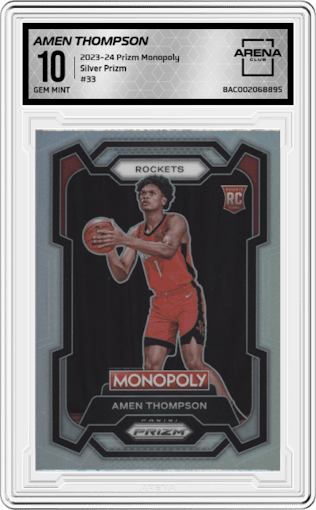 Amen Thompson  from the 2023-24 Panini Prizm Monopoly set featuring a Silver Prizm parallel graded by Arena Club and given an overall grade of 10.