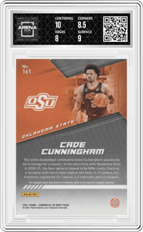 Cade Cunningham from the 2021-22 Panini Chronicles Draft Picks set graded by Arena Club and given an overall grade of 8.5.
