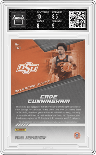 Cade Cunningham from the 2021-22 Panini Chronicles Draft Picks set graded by Arena Club and given an overall grade of 8.5.