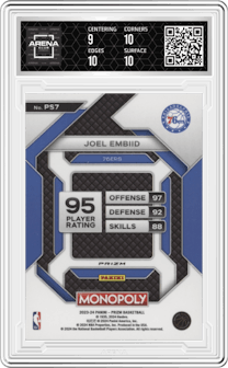 Joel Embiid from the 2023-24 Panini Prizm Monopoly set featuring a Silver Prizm parallel graded by Arena Club and given an overall grade of 9.5.