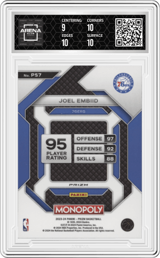 Joel Embiid from the 2023-24 Panini Prizm Monopoly set featuring a Silver Prizm parallel graded by Arena Club and given an overall grade of 9.5.