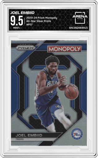 Joel Embiid from the 2023-24 Panini Prizm Monopoly set featuring a Silver Prizm parallel graded by Arena Club and given an overall grade of 9.5.