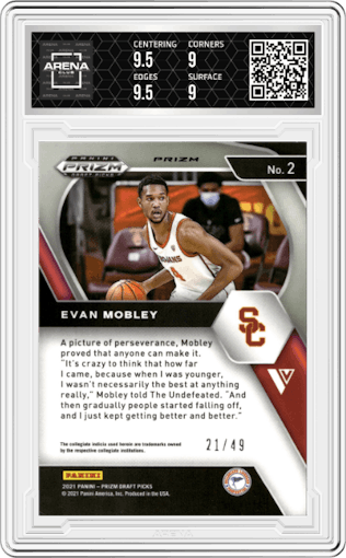 Evan Mobley from the 2021-22 Panini Prizm Draft Picks set featuring a Orange Pulsar parallel graded by Arena Club and given an overall grade of 9.5.