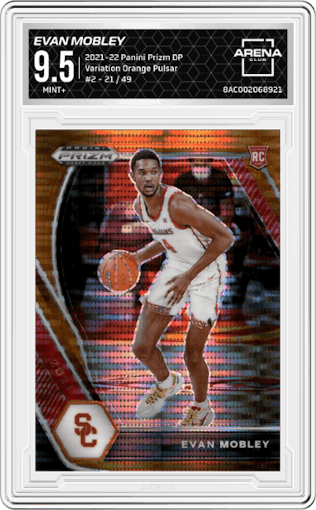 Evan Mobley from the 2021-22 Panini Prizm Draft Picks set featuring a Orange Pulsar parallel graded by Arena Club and given an overall grade of 9.5.