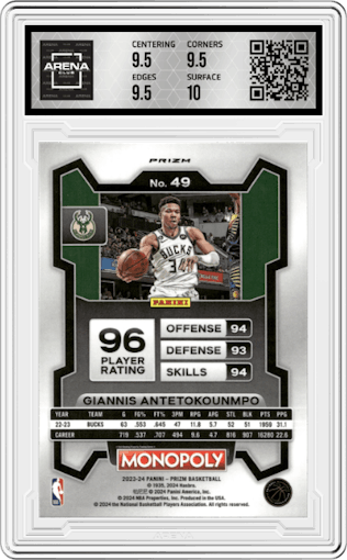 Giannis Antetokounmpo from the 2023-24 Panini Prizm Monopoly set featuring a Purple  parallel graded by Arena Club and given an overall grade of 10.