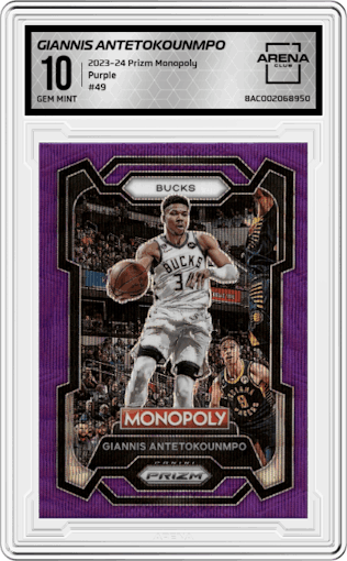 Giannis Antetokounmpo from the 2023-24 Panini Prizm Monopoly set featuring a Purple  parallel graded by Arena Club and given an overall grade of 10.
