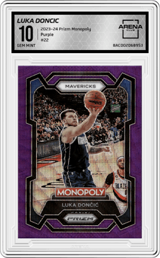 Luka Doncic from the 2023-24 Panini Prizm Monopoly set featuring a Purple  parallel graded by Arena Club and given an overall grade of 10.