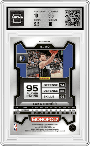 Luka Doncic from the 2023-24 Panini Prizm Monopoly set featuring a Purple  parallel graded by Arena Club and given an overall grade of 10.