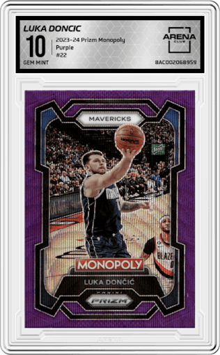 Luka Doncic from the 2023-24 Panini Prizm Monopoly set featuring a Purple  parallel graded by Arena Club and given an overall grade of 10.
