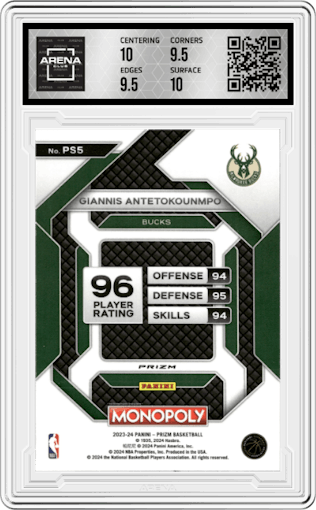 Giannis Antetokounmpo from the 2023-24 Panini Prizm Monopoly set featuring a Purple parallel graded by Arena Club and given an overall grade of 10.