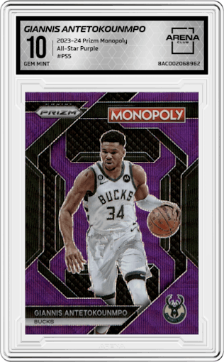 Giannis Antetokounmpo from the 2023-24 Panini Prizm Monopoly set featuring a Purple parallel graded by Arena Club and given an overall grade of 10.