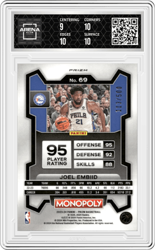 Joel Embiid from the 2023-24 Panini Prizm Monopoly set featuring a Gold Millionaire Shimmer  parallel graded by Arena Club and given an overall grade of 9.5.