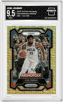 Joel Embiid from the 2023-24 Panini Prizm Monopoly set featuring a Gold Millionaire Shimmer  parallel graded by Arena Club and given an overall grade of 9.5.