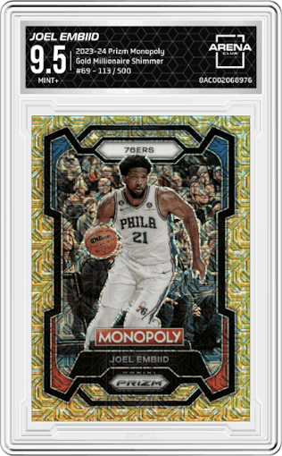 Joel Embiid from the 2023-24 Panini Prizm Monopoly set featuring a Gold Millionaire Shimmer  parallel graded by Arena Club and given an overall grade of 9.5.