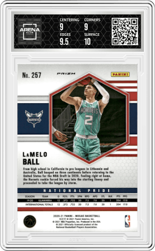 LaMelo Ball from the 2020-21 Panini Mosaic set featuring a Green Mosaic parallel graded by Arena Club and given an overall grade of 9.5.