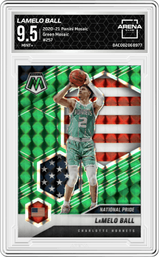 LaMelo Ball from the 2020-21 Panini Mosaic set featuring a Green Mosaic parallel graded by Arena Club and given an overall grade of 9.5.