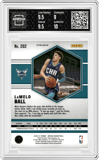 LaMelo Ball from the 2020-21 Panini Mosaic set featuring a Green Mosaic parallel graded by Arena Club and given an overall grade of 9.5.