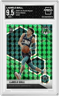 LaMelo Ball from the 2020-21 Panini Mosaic set featuring a Green Mosaic parallel graded by Arena Club and given an overall grade of 9.5.