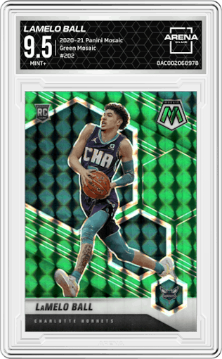 LaMelo Ball from the 2020-21 Panini Mosaic set featuring a Green Mosaic parallel graded by Arena Club and given an overall grade of 9.5.