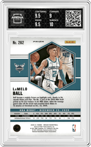 LaMelo Ball from the 2020-21 Panini Mosaic set featuring a Green Mosaic parallel graded by Arena Club and given an overall grade of 9.5.